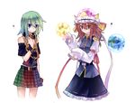  blue_eyes chain clothes_writing collar cosplay costume_switch earth_(ornament) green_eyes green_hair hat hecatia_lapislazuli hecatia_lapislazuli_(cosplay) highres ko_kita moon_(ornament) multicolored multicolored_clothes multicolored_skirt multiple_girls red_eyes red_hair ribbon shiki_eiki shiki_eiki_(cosplay) shirt short_hair skirt smile t-shirt touhou trait_connection translated 