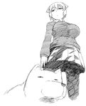  breasts collared_shirt expressionless fox fuchibeppu_chiyuri greyscale hair_flaps half-closed_eyes huge_breasts look-alike looking_down monochrome original pantyhose plump shirt sketch skirt solo sweater tibetan_sand_fox tsukudani_(coke-buta) 