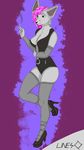  abstract_background anthro breasts canine clothed clothing dog female footwear fur green_eyes grey_fur hair high_heels legwear lines mammal pink_hair prostitution shoes skimpy smile solo stockings 