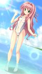  arena_(company) barefoot breasts competition_swimsuit covered_nipples green_eyes hair_intakes hizuki_aki one-piece_swimsuit original pink_hair pixiv_robot_wars_gaia see-through small_breasts solo standing swimsuit wading water zanshomimai 