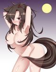  animal_ears areolae armpits arms_up breasts brown_hair convenient_censoring eyes_visible_through_hair highres imaizumi_kagerou large_breasts looking_at_viewer nipples nude red_eyes shiny shiny_skin solo tail takashi_(nekoro) touhou wolf_ears wolf_girl wolf_tail 