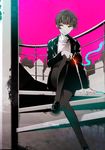 bangs blunt_bangs cigarette formal high_contrast highres kuso_bba loafers pantyhose psycho-pass shoes short_hair sitting solo suit tsunemori_akane 