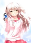  ^_^ arm_behind_back bangs blush casual charlotte_(anime) closed_eyes collarbone gradient gradient_background grin happy head_tilt long_hair pleated_skirt ribbon-trimmed_clothes ribbon_trim silver_hair skirt smile solo tomori_nao two_side_up video_camera zen 