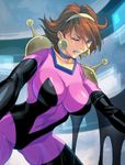  all_fours blue_eyes bodysuit breasts brown_hair choker clenched_teeth collarbone covered_navel covered_nipples earrings elbow_gloves g_gundam gloves gundam hairband highres homare_(fool's_art) jewelry large_breasts lips mobile_trace_suit one_eye_closed pink_bodysuit rain_mikamura short_hair skin_tight solo teeth thighhighs 
