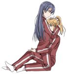  ayase_eli blonde_hair blue_eyes blue_hair blush clipe hug long_hair love_live! love_live!_school_idol_project multiple_girls ponytail simple_background sonoda_umi straddling track_suit white_background yuri 