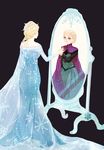  absurdres bangs bare_shoulders black_background blonde_hair blue_dress blue_eyes braid cape cause closed_mouth different_reflection dress elsa_(frozen) frozen_(disney) hair_up highres long_sleeves mirror off-shoulder_dress off_shoulder reflection see-through simple_background single_braid snowflakes solo sparkle standing 