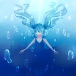  blue_hair breasts bubble cleavage hatsune_miku long_hair mio_6696 no_eyes outstretched_arms shinkai_shoujo_(vocaloid) sketch small_breasts solo submerged underwater vocaloid 