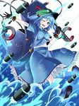  backpack bad_id bad_pixiv_id bag black_gloves blue_eyes blue_hair crowbar gloves hair_bobbles hair_ornament hat highres kawashiro_nitori looking_at_viewer mechanical_arms one_eye_closed open_mouth rihito_(usazukin) shirt short_sleeves skirt smile solo touhou twintails two_side_up water 
