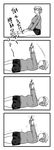  4koma arms_up breasts comic exercise expressionless failure fuchibeppu_chiyuri greyscale hair_flaps half-closed_eyes highres large_breasts lying monochrome on_back original plump short_hair silent_comic sit-up sitting skirt solo sweater translation_request trembling tsukudani_(coke-buta) 