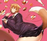  absurdres blush breasts brown_eyes brown_hair cake commentary_request cupcake dango doughnut eating english expressionless fat food fox_tail fuchibeppu_chiyuri fukumaaya gigantic_breasts hair_flaps half-closed_eyes heart heart_of_string highres huge_breasts looking_at_viewer microskirt original parfait plump pudding sanshoku_dango short_hair skirt solo tail thick_thighs thighs waffle wagashi 