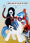  2012 adventure_time black_hair blood blue_hair clothed clothing crossover curtsibling cutie_mark digital_media_(artwork) dj dj_table duo english_text equine eyes_closed eyewear female flip_flops footwear friendship_is_magic fur glasses hair hole horn horse humanoid mammal marceline my_little_pony pants parody pony record shirt teeth text tongue tongue_out unicorn vampire vinyl_record vinyl_scratch_(mlp) watermark white_fur 