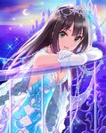  bare_shoulders breasts brown_hair castle cleavage crescent_moon dress dusk elbow_gloves glitter gloves green_eyes highres idolmaster idolmaster_cinderella_girls jewelry leaning_forward long_hair looking_at_viewer medium_breasts moon official_art seaside shibuya_rin sky solo tiara waifu2x 