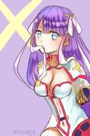  blue_eyes breasts center_opening cleavage fate/grand_order fate_(series) long_hair looking_at_viewer mouth_hold navel purple_hair saint_martha solo totte 