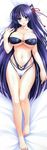  absurdres amasaka_takashi barefoot bell blue_eyes blue_hair breasts cleavage collarbone dakimakura full_body hair_bell hair_ornament hair_ribbon hand_on_own_chest highres huge_filesize jingle_bell large_breasts long_hair lying midriff nail_polish navel on_back one_side_up parted_lips pink_nails pussy_juice ribbon solo stomach strapless strapless_swimsuit swimsuit thigh_gap toenail_polish toes toujou_amane underboob unionism_quartet very_long_hair 