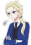  alternate_costume alternate_hairstyle blonde_hair blue_eyes commentary crossed_arms elsa_(frozen) embarrassed formal frozen_(disney) gloves hair_over_shoulder long_hair low_ponytail necktie solo spoken_squiggle squiggle suit upper_body vest white_gloves 