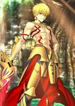  armor blonde_hair earrings fate/grand_order fate_(series) gilgamesh hand_on_hip holding holding_sword holding_weapon jewelry looking_at_viewer male_focus red_eyes resized smile solo sword takeuchi_takashi tattoo tree upscaled waifu2x weapon 