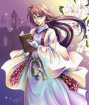  book brown_hair dress flower glasses gloves gradient gradient_background green_eyes house kisaragi_seika lily_(flower) looking_at_viewer original ribbon robe signature solo white_gloves 