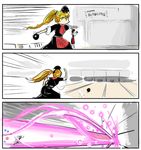  3koma alternate_hairstyle ball blonde_hair bowling bowling_alley bowling_ball bowling_pin comic danmaku dress gapangman hakurei_reimu junko_(touhou) laser multiple_girls ponytail power-up suicide touhou typo 