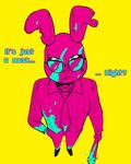  badboygoodman baseball_bat blue_eyes english_text eyewear five_nights_at_freddy&#039;s five_nights_at_freddy&#039;s_2 hotline_miami lagomorph looking_at_viewer male mammal mask nails necktie psychedelic rabbit simple_background solo stitches suit sunglasses text toy_bonnie_(fnaf) video_games yellow_background 