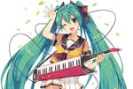  album_cover alternate_costume aqua_eyes aqua_hair ascot cable cover hair_ribbon hatsune_miku instrument keytar long_hair miniskirt nail_polish natsu_natsuna one_eye_closed open_mouth ribbon school_uniform skirt smile solo twintails very_long_hair vocaloid white_background 