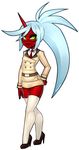  2015 blue_hair clothed clothing demon eyewear facial_piercing female footwear glasses green_eyes hair horn kneesocks kneesocks_daemon lip_piercing necktie panty_and_stocking_with_garterbelt piercing red_skin shoes solo standing xenthyl 