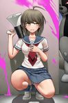  ahoge brown_eyes brown_hair clenched_teeth danganronpa gonoike_biwa hiding megaphone monokuma naegi_komaru official_style panties pantyshot pantyshot_(squatting) school_uniform serafuku short_hair skirt squatting striped striped_panties sweat teeth underwear zettai_zetsubou_shoujo 