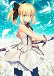  artoria_pendragon_(all) black_ribbon blonde_hair breasts dress fate/grand_order fate/stay_night fate/unlimited_codes fate_(series) flower green_eyes hair_ribbon holding holding_sword holding_weapon looking_at_viewer official_art pantyhose resized ribbon saber saber_lily sideboob small_breasts smile solo sword takeuchi_takashi upscaled waifu2x weapon white_dress 