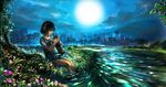  1girl animal black_hair cat city city_lights cityscape cloud dark dress flower full_moon grass hair_ornament hairclip highres holding holding_animal moon mountain night original petting profile ripples scenery short_hair sitting sky smile soaking_feet solo tree water white_dress 