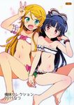  absurdres arm_up bandeau barefoot bikini black_hair blush bow bracelet breasts brown_hair covered_nipples fang feet gokou_ruri green_eyes groin hair_ornament hairclip highres holding_hands jewelry kousaka_kirino legs long_hair long_legs mole mole_under_eye multiple_girls navel ootomo_takuji open_mouth ore_no_imouto_ga_konna_ni_kawaii_wake_ga_nai red_eyes ribbon sitting small_breasts smile swimsuit v 