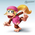  1girl 5_toes artsyomni barefoot blonde_hair brown_fur clothes clothing dixie_kong donkey_kong_(series) ear_piercing feet female fur green_eyes hair happy hat jewelry long_hair looking_at_viewer mammal monkey navel nintendo open_mouth piercing ponytail primate simple_background soles solo super_smash_bros super_smash_bros. toenails toes tongue video_games 