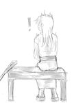  1girl bench comic crutch gentletiger geta greyscale japanese_clothes kantai_collection long_hair looking_to_the_side monochrome parted_lips simple_background sitting solo surprised table white_background zuikaku_(kantai_collection) 