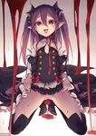  bare_shoulders black_dress blood boots detached_sleeves dress dress_lift fang flat_chest krul_tepes kyuri_tizu long_hair no_panties owari_no_seraph pale_skin pink_hair pointy_ears red_eyes solo thigh_boots thighhighs 