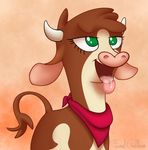  abstract_background arizona_cow_(tfh) bandanna bovine brown_hair female feral formal_gentleman green_eyes hair horn mammal open_mouth smile solo them&#039;s_fightin&#039;_herds tongue tongue_out 
