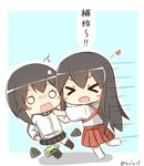  &gt;o&lt; akagi_(kantai_collection) bottle chibi hayasui_(kantai_collection) heart kantai_collection long_hair multiple_girls open_mouth rexlent short_hair skirt translated white_legwear 