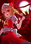  ascot blonde_hair crystal fang flandre_scarlet full_moon glowing glowing_eyes hat hat_ribbon highres laevatein looking_at_viewer megalateo mob_cap moon night night_sky open_mouth puffy_sleeves red_eyes ribbon shirt short_hair short_sleeves side_ponytail skirt skirt_set sky slit_pupils smile solo touhou vest wings 