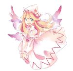  :d blonde_hair blue_eyes dress hat lily_white long_hair long_sleeves open_mouth puffy_sleeves sil_(panchuari) smile solo touhou v_arms wings 