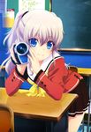  absurdres blue_eyes camcorder charlotte_(anime) classroom highres non-web_source nyantype official_art school_uniform serafuku silver_hair smile solo tomori_nao 