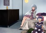  barefoot blue_eyes blue_hair book bow bowtie capelet doremy_sweet dress hat indoors kishin_sagume long_sleeves looking_at_another multiple_girls nightcap on_bed on_floor open_book open_mouth purple_dress red_eyes short_hair silver_hair single_wing sitting smile tbonjobi_(sukemasa) touhou vest wings 