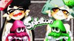  2girls aori_(splatoon) bad_id bad_pixiv_id biikii black_hair blush brown_eyes closed_eyes copyright_name earrings fangs food food_on_head gloves grey_hair gun holding hotaru_(splatoon) jewelry long_hair looking_at_another mole mole_under_eye multiple_girls object_on_head open_mouth paint paint_roller pointy_ears smile splatoon_(series) splatoon_1 squid super_soaker upper_body weapon white_gloves 