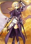  armor banner blonde_hair blue_eyes crown fate/apocrypha fate/grand_order fate_(series) gauntlets holding holding_weapon jeanne_d'arc_(fate) jeanne_d'arc_(fate)_(all) long_hair looking_at_viewer official_art smile solo sword takeuchi_takashi thighhighs waifu2x weapon 