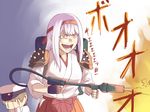  1girl commentary covering_eyes covering_face fire flamethrower gesugao ishii_hisao kantai_collection laughing little_boy_admiral_(kantai_collection) obutsu_wa_shoudoku_da out_of_character shoukaku_(kantai_collection) shoulder_spikes spikes weapon 