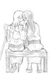  bench blush comic crutch from_behind gentletiger geta greyscale japanese_clothes kaga_(kantai_collection) kantai_collection kiss long_hair monochrome multiple_girls no_legwear prosthesis prosthetic_leg sandals sash simple_background white_background yuri zuikaku_(kantai_collection) 