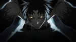  2012 blue_hair canine clothed clothing dog dramatical_murder glowing glowing_eyes hair half-dressed looking_at_viewer male mammal markings nitro+chiral open_mouth ren_(dmmd) solo teeth torao_asada were werewolf yellow_eyes 