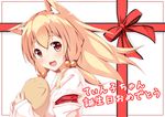  :d animal_ears bell blonde_hair borrowed_character fang fox_ears hair_bell hair_ornament haori japanese_clothes jingle_bell long_hair miko nekojirou ok-ray open_mouth original smile ten'inkou_korin 