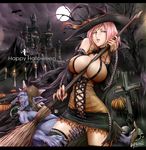  2015 aqua_eyes bat between_breasts breasts broom cape castle cross dated full_moon goblin halloween hat highres large_breasts moon original pink_hair short_hair skull solo thighhighs tombstone unbalance witch witch_hat 