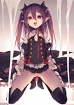  bare_shoulders black_dress boots detached_sleeves dress dress_lift fang flat_chest krul_tepes kyuri_tizu long_hair no_panties owari_no_seraph pale_skin pink_hair pointy_ears pussy red_eyes solo thigh_boots thighhighs 