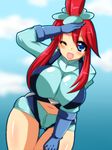  blue_eyes blush bouncing_breasts breasts fuuro_(pokemon) gym_leader huge_breasts looking_at_viewer navel nintendo pokemon pokemon_(game) pokemon_black_&amp;_white pokemon_character red_hair shorts side_ponytail smile suspenders 