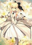 artoria_pendragon_(all) black_ribbon blonde_hair breasts cleavage dress fate/grand_order fate/stay_night fate/unlimited_codes fate_(series) flower green_eyes hair_ribbon holding holding_sword holding_weapon official_art pantyhose resized ribbon saber saber_lily small_breasts smile solo sword takeuchi_takashi upscaled waifu2x weapon white_dress 