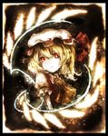  ascot blonde_hair border crystal flandre_scarlet haiki_(hakkyoii06) hat hat_ribbon looking_to_the_side mob_cap parted_lips puffy_sleeves red_eyes ribbon shirt short_hair short_sleeves side_ponytail solo touhou upper_body vest wings 