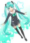  :&gt; ama_mitsuki aqua_background aqua_eyes aqua_hair bangs black_dress black_footwear black_legwear blush bow bowtie commentary_request dated disconnected_mouth double-breasted dress dutch_angle full_body green_neckwear hatsune_miku long_hair long_sleeves looking_at_viewer outstretched_arms outstretched_wrists pleated_dress sailor_collar sailor_dress short_dress skinny skirt slim_legs smile solo star starry_background thighhighs twintails very_long_hair vocaloid white_sailor_collar zettai_ryouiki 